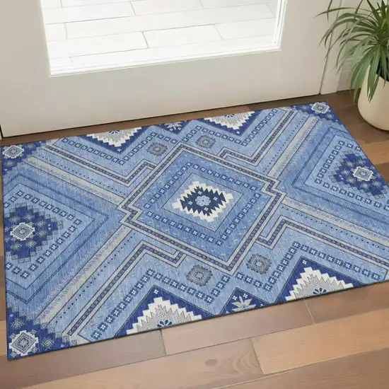Blue Ivory And Gray Tribal Washable Area Rug With UV Protection Photo 1