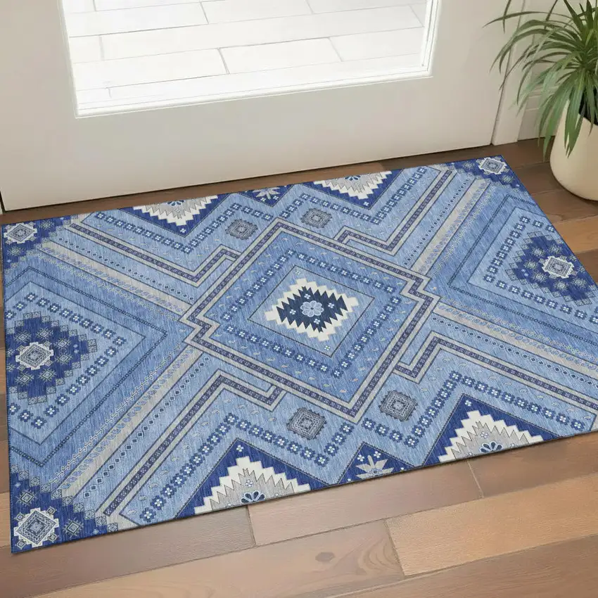 Blue Ivory And Gray Tribal Washable Area Rug With UV Protection Photo 1