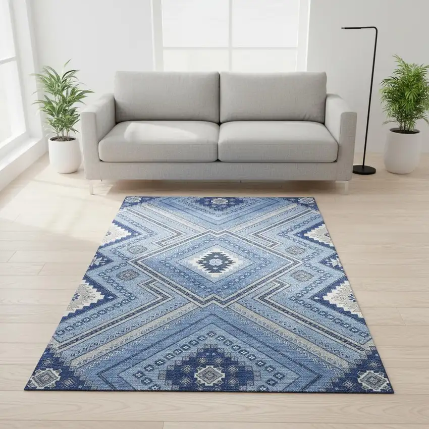 Blue Ivory And Gray Tribal Washable Area Rug With UV Protection Photo 2