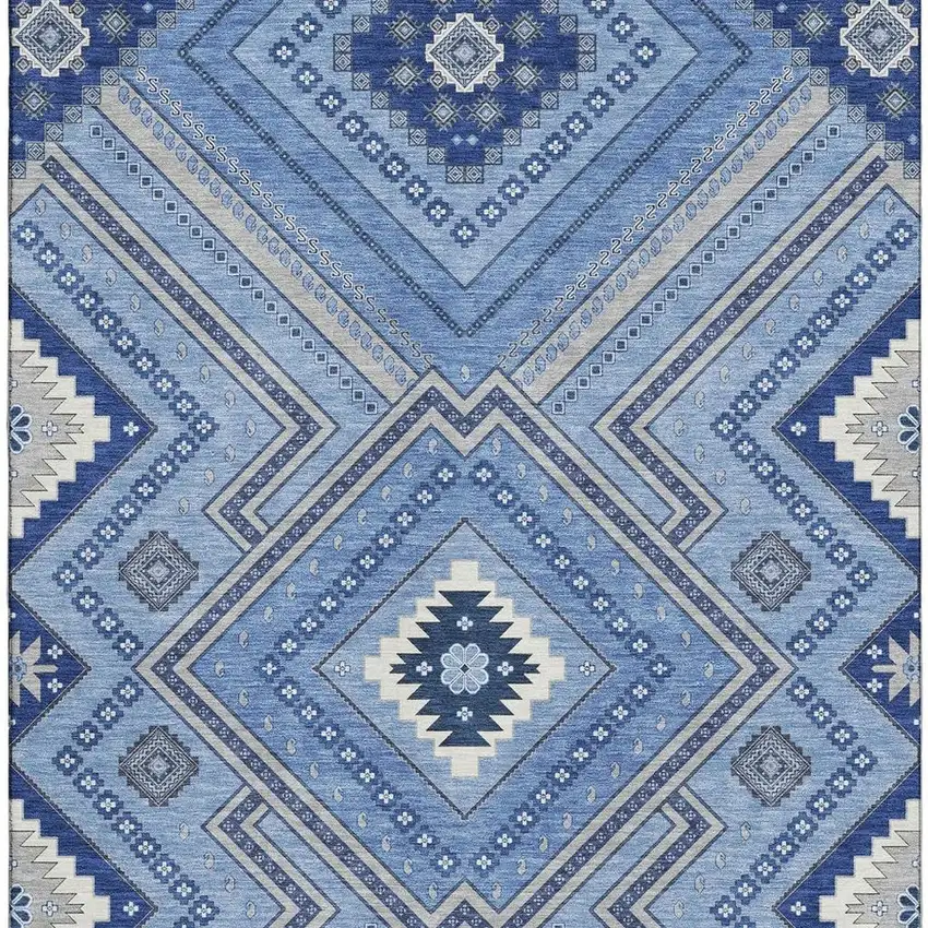 Blue Ivory And Gray Tribal Washable Area Rug With UV Protection Photo 3
