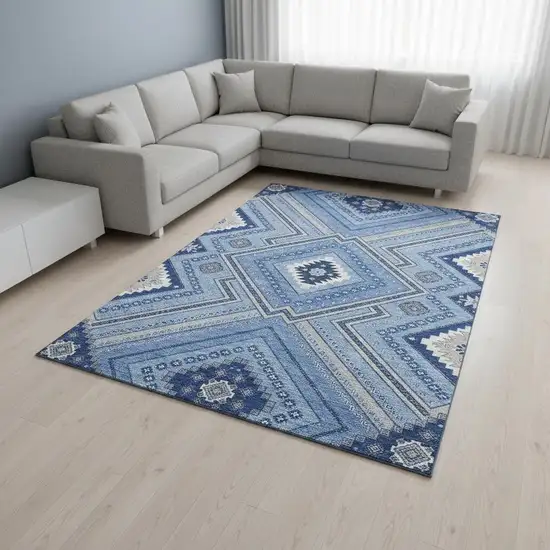 Blue Ivory And Gray Tribal Washable Area Rug With UV Protection Photo 2