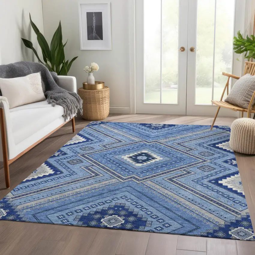 Blue Ivory And Gray Tribal Washable Area Rug With UV Protection Photo 5