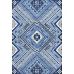 Photo of Blue Ivory And Gray Tribal Washable Area Rug With UV Protection