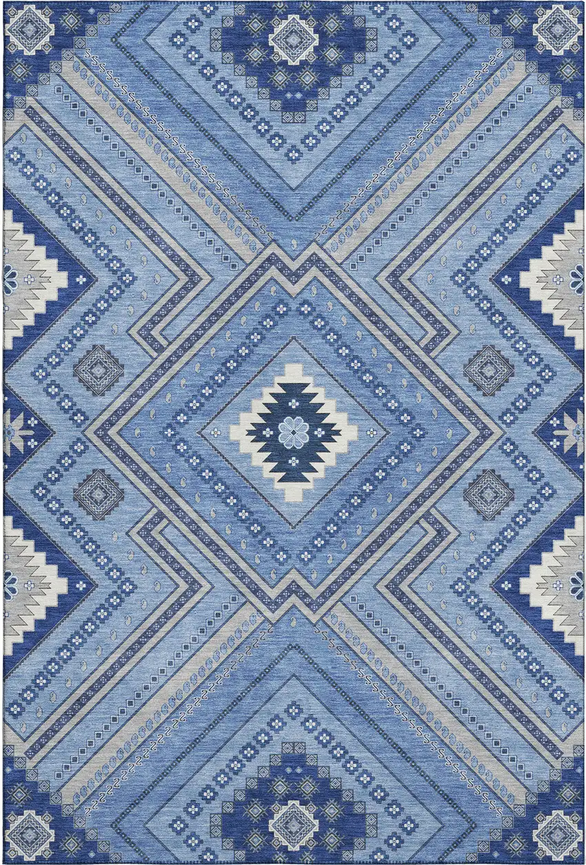 Blue Ivory And Gray Tribal Washable Area Rug With UV Protection Photo 1