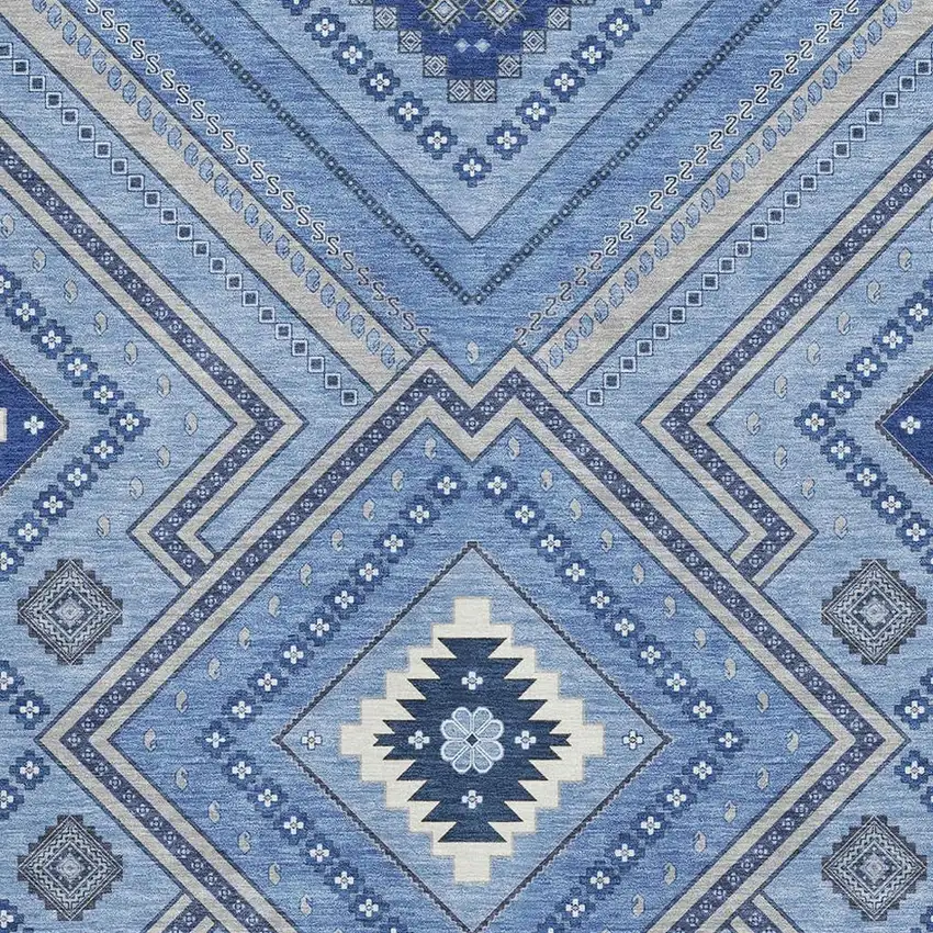 Blue Ivory And Gray Tribal Washable Area Rug With UV Protection Photo 2