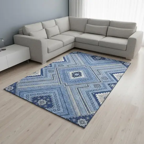 Blue Ivory And Gray Tribal Washable Area Rug With UV Protection Photo 2