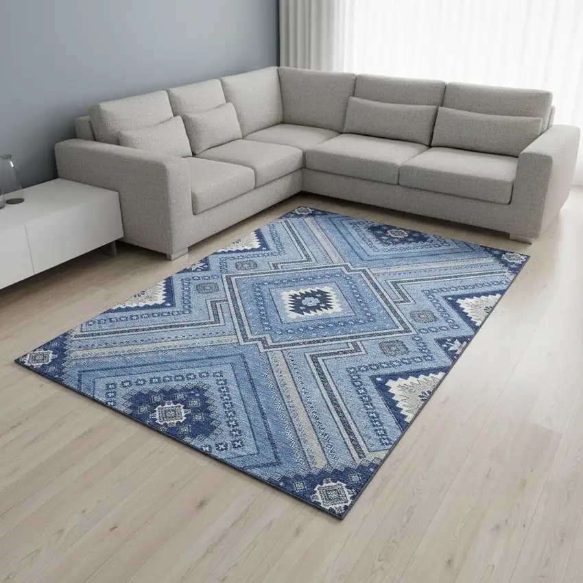 Blue Ivory And Gray Tribal Washable Area Rug With UV Protection Photo 2