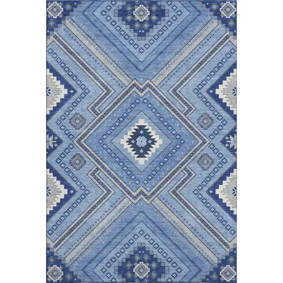 Blue Ivory And Gray Tribal Washable Area Rug With UV Protection Photo 1