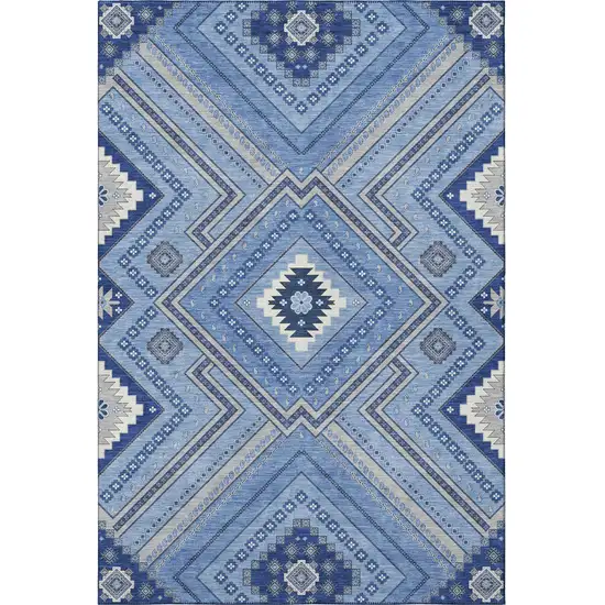 Blue Ivory And Gray Tribal Washable Area Rug With UV Protection Photo 3