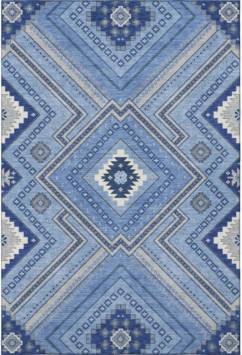 Blue Ivory And Gray Tribal Washable Area Rug With UV Protection Photo 3