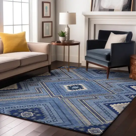 Blue Ivory And Gray Tribal Washable Area Rug With UV Protection Photo 4