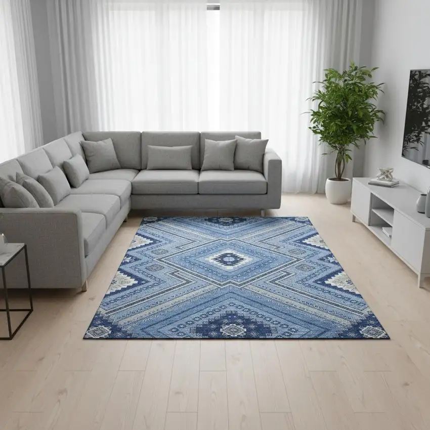 Blue Ivory And Gray Tribal Washable Area Rug With UV Protection Photo 2