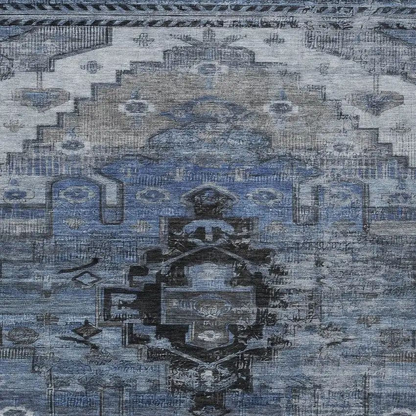 Blue Ivory And Gray Tribal Washable Indoor Outdoor Area Rug Photo 6