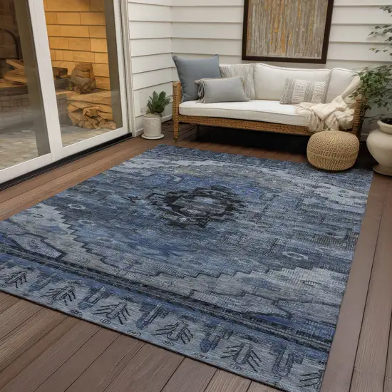 Blue Ivory And Gray Tribal Washable Indoor Outdoor Area Rug Photo 5