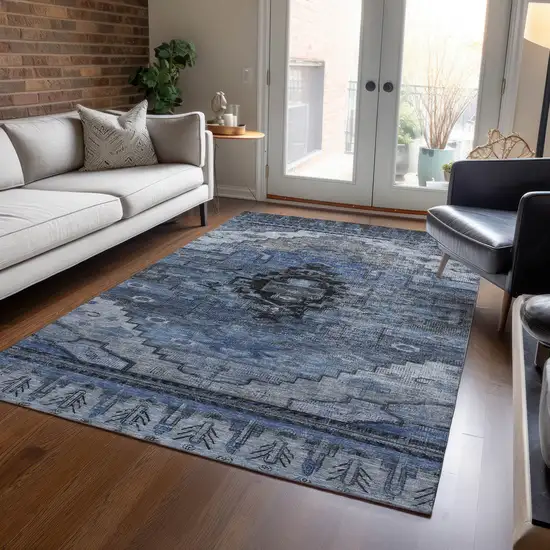 Blue Ivory And Gray Tribal Washable Indoor Outdoor Area Rug Photo 6