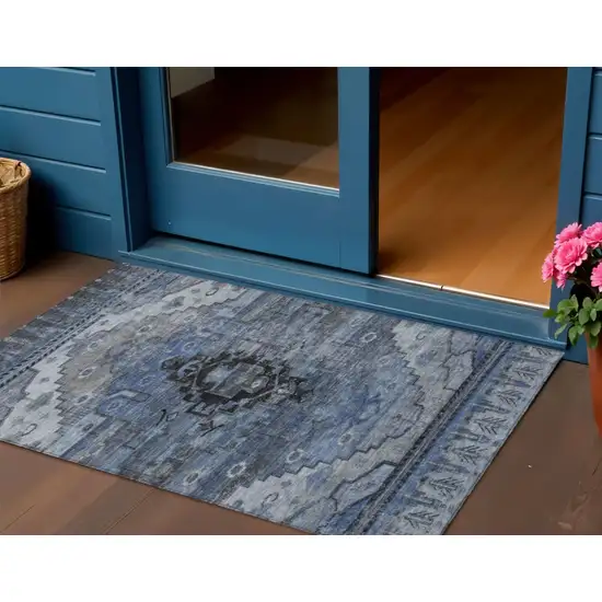 Blue Ivory And Gray Tribal Washable Indoor Outdoor Area Rug Photo 2