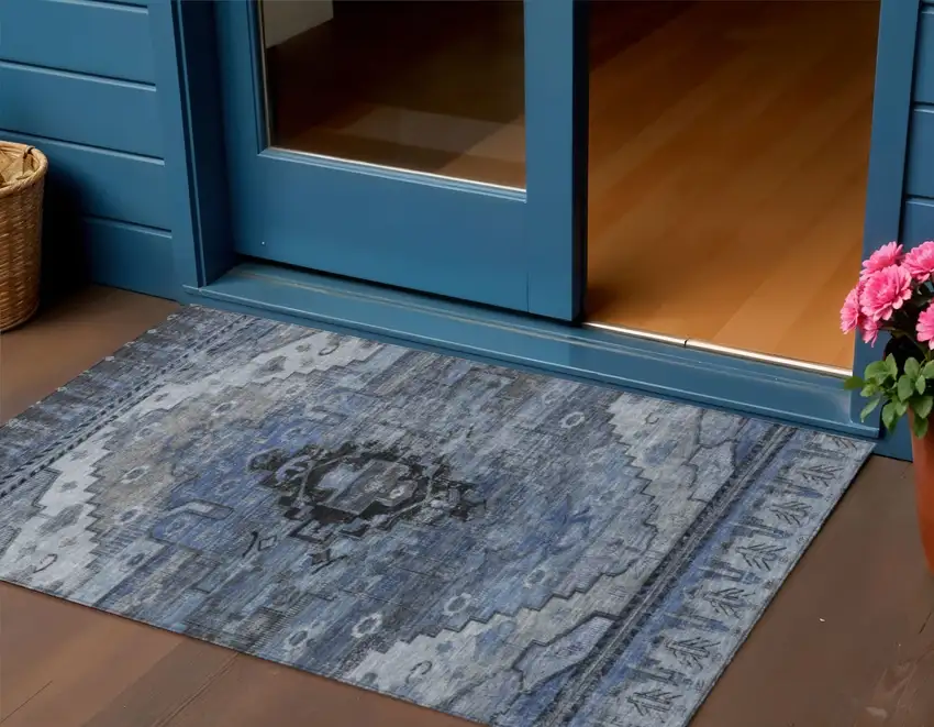 Blue Ivory And Gray Tribal Washable Indoor Outdoor Area Rug Photo 2