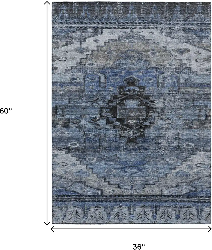 Blue Ivory And Gray Tribal Washable Indoor Outdoor Area Rug Photo 9