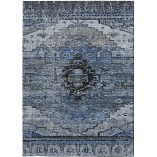 Blue Ivory And Gray Tribal Washable Indoor Outdoor Area Rug Photo 3