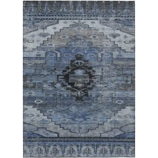 Blue Ivory And Gray Tribal Washable Indoor Outdoor Area Rug Photo 1