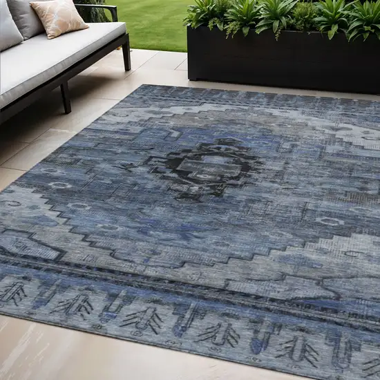 Blue Ivory And Gray Tribal Washable Indoor Outdoor Area Rug Photo 2