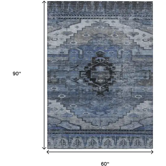 Blue Ivory And Gray Tribal Washable Indoor Outdoor Area Rug Photo 9