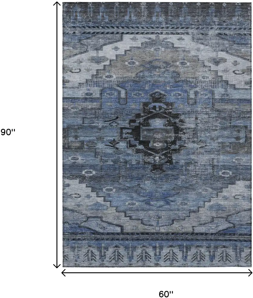 Blue Ivory And Gray Tribal Washable Indoor Outdoor Area Rug Photo 9