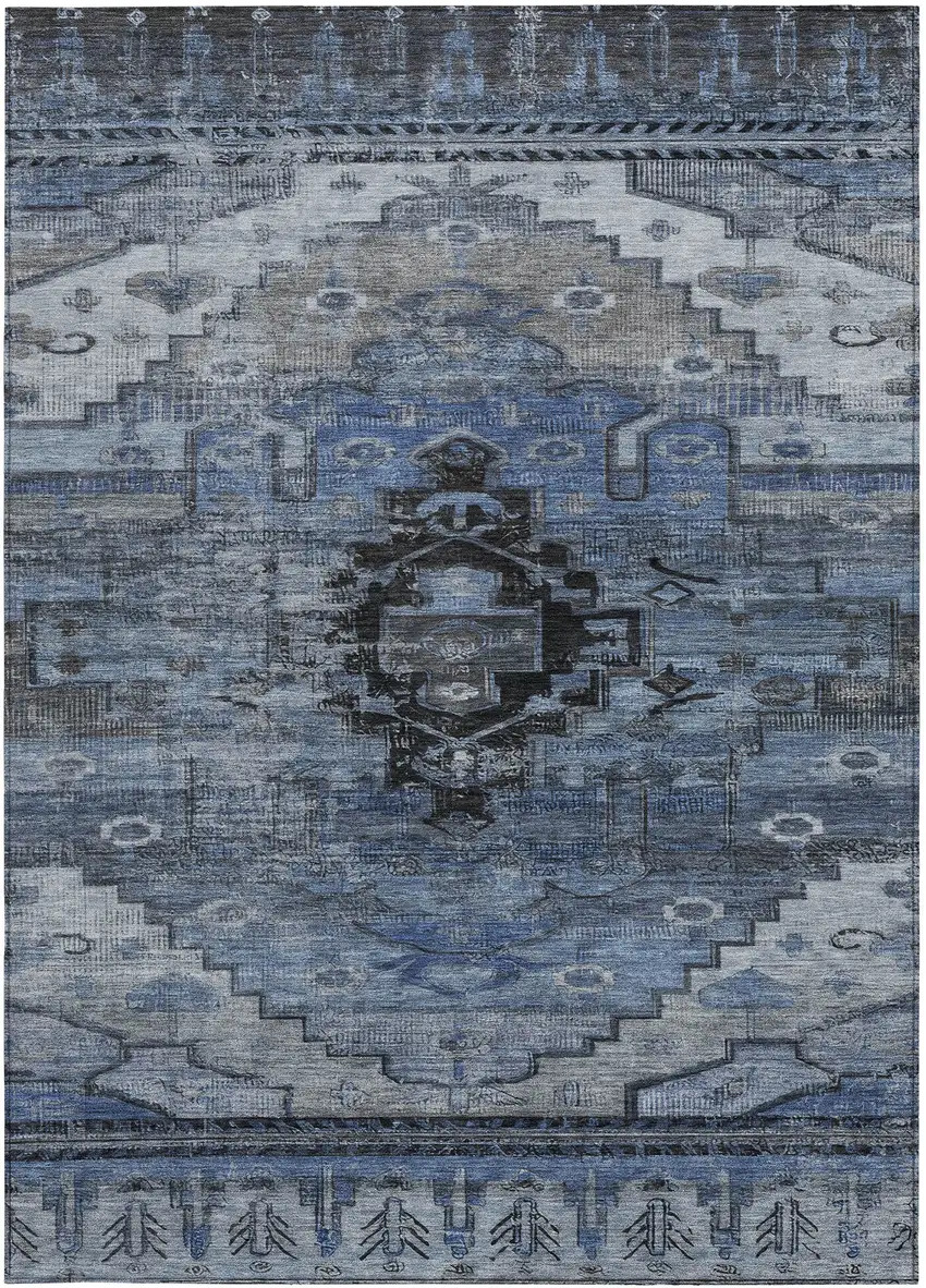 Blue Ivory And Gray Tribal Washable Indoor Outdoor Area Rug Photo 3
