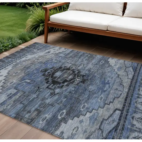 Blue Ivory And Gray Tribal Washable Indoor Outdoor Area Rug Photo 2