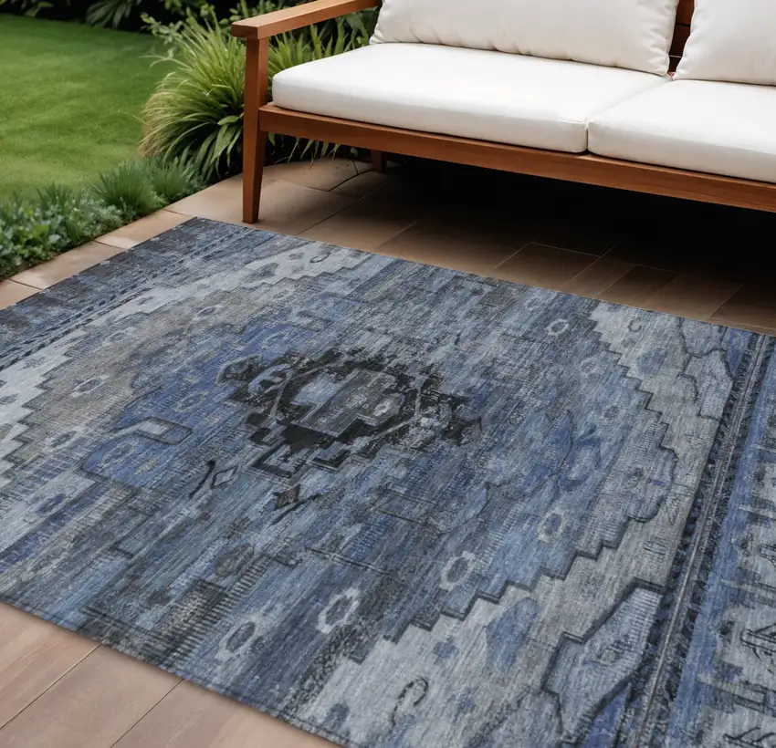 Blue Ivory And Gray Tribal Washable Indoor Outdoor Area Rug Photo 2