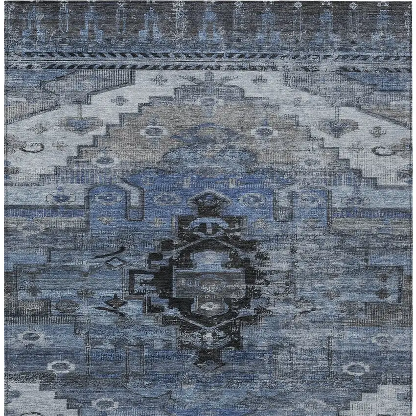 Blue Ivory And Gray Tribal Washable Indoor Outdoor Area Rug Photo 9