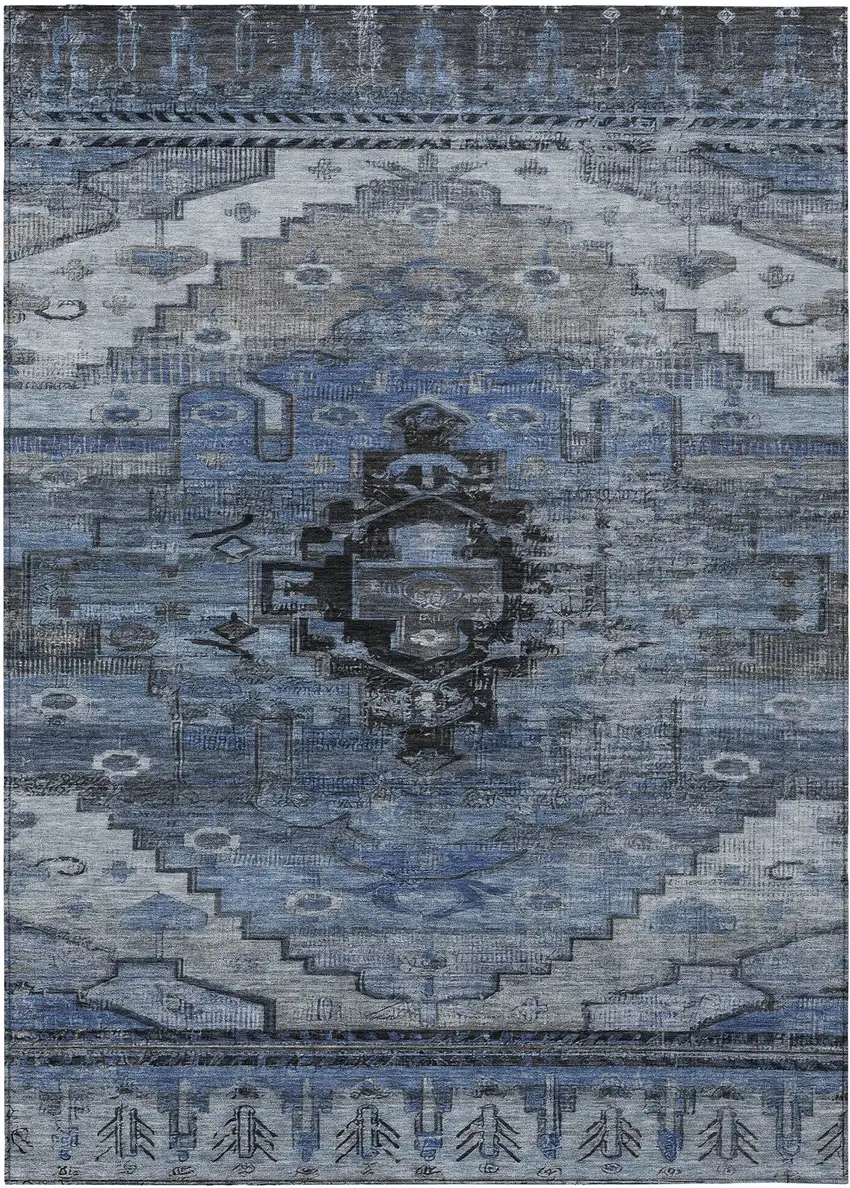 Blue Ivory And Gray Tribal Washable Indoor Outdoor Area Rug Photo 1