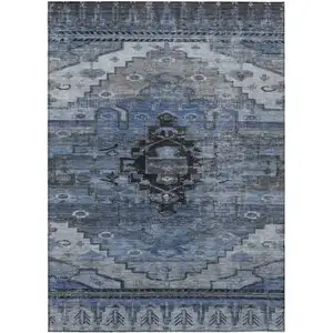 Photo of Blue Ivory And Gray Tribal Washable Indoor Outdoor Area Rug