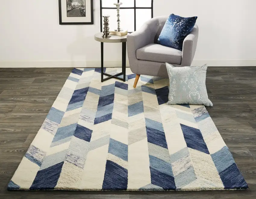Blue Ivory And Gray Wool Geometric Tufted Handmade Area Rug Photo 6