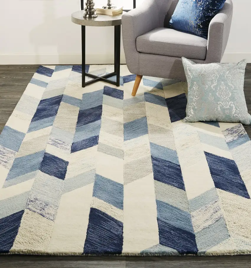 Blue Ivory And Gray Wool Geometric Tufted Handmade Area Rug Photo 7