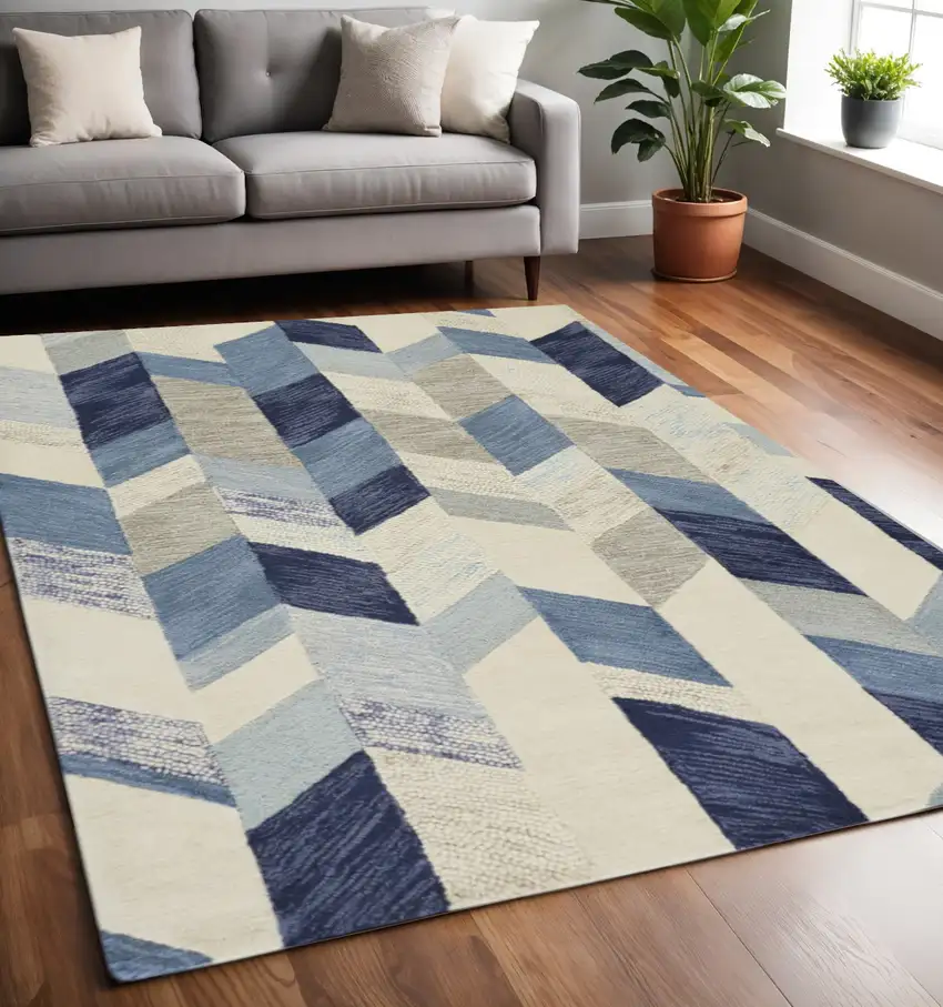 Blue and Ivory Wool Geometric Hand Tufted Area Rug Photo 1