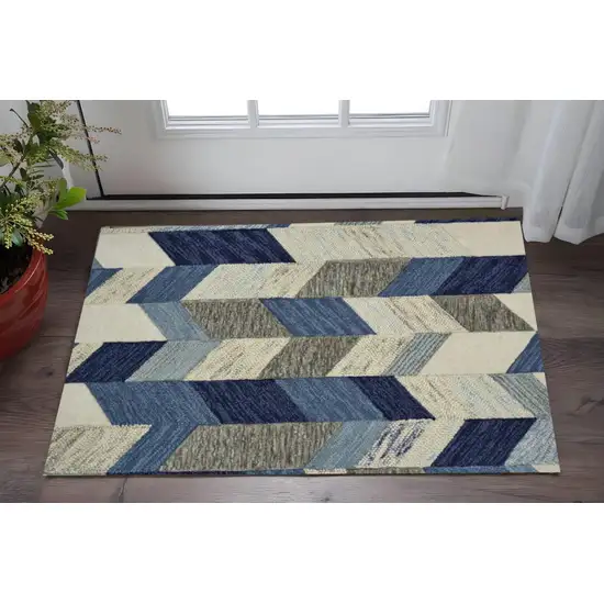 Blue Ivory And Gray Wool Geometric Tufted Handmade Area Rug Photo 2