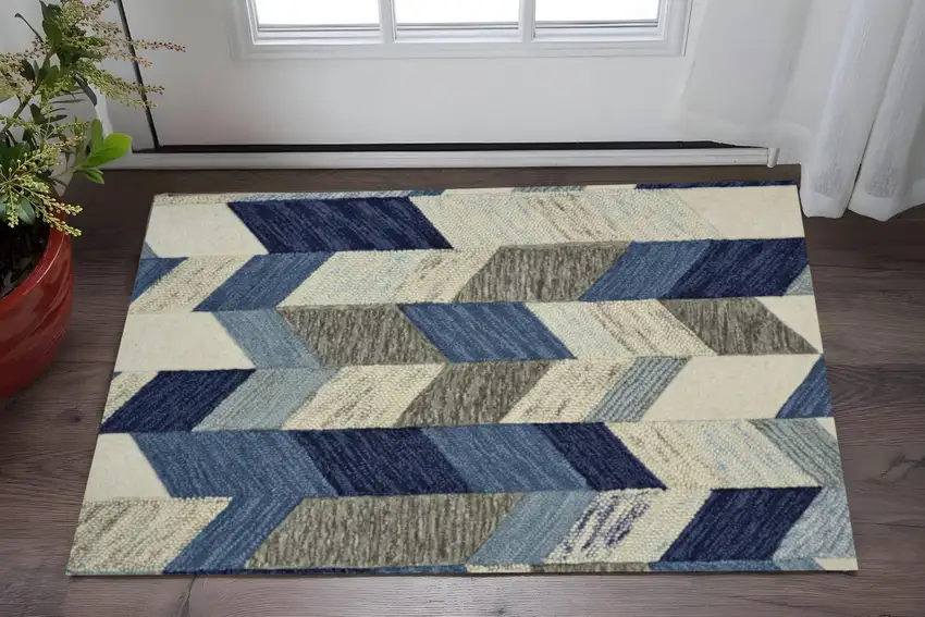 Blue Ivory And Gray Wool Geometric Tufted Handmade Area Rug Photo 2