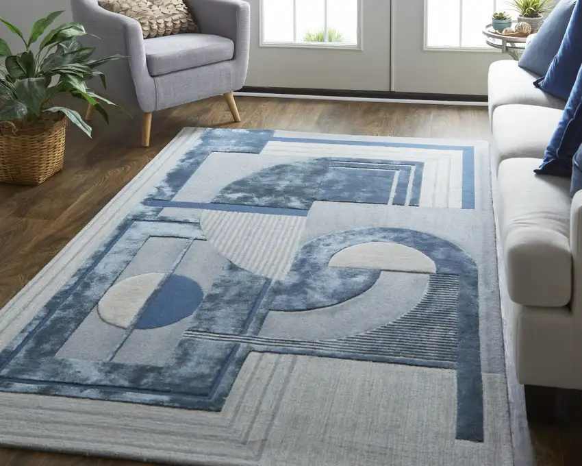 Blue Ivory And Gray Wool Striped Tufted Handmade Area Rug Photo 9