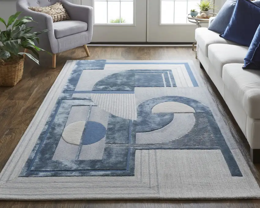 Blue Ivory And Gray Wool Striped Tufted Handmade Area Rug Photo 8