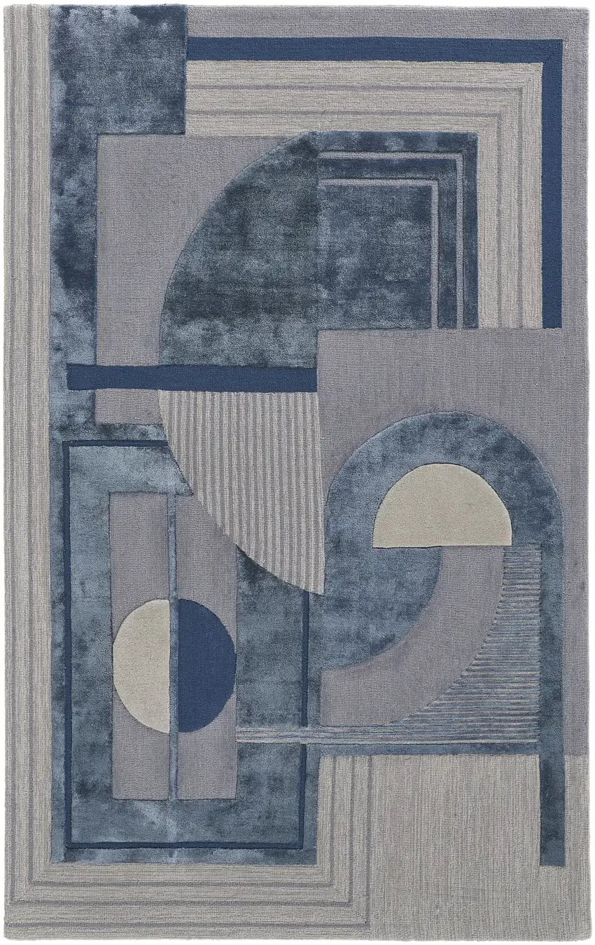 Blue Ivory And Gray Wool Striped Tufted Handmade Area Rug Photo 1