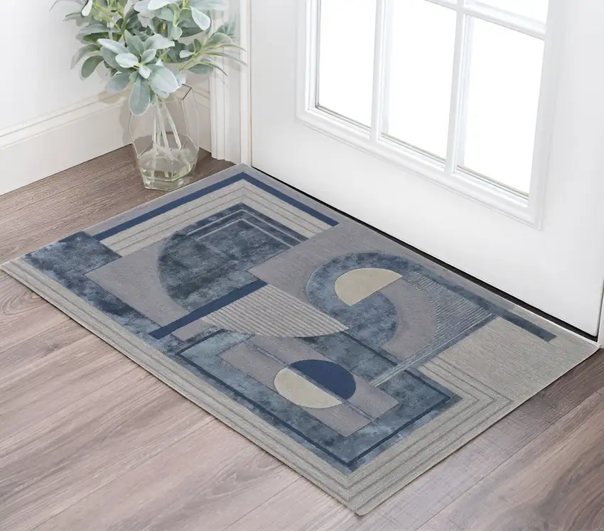 Blue and Gray Wool Striped Hand Tufted Area Rug Photo 1