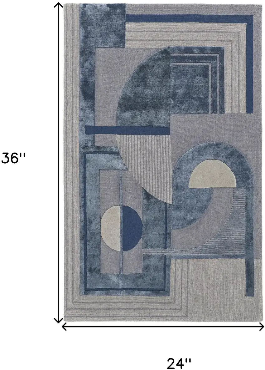 Blue and Gray Wool Striped Hand Tufted Area Rug Photo 3