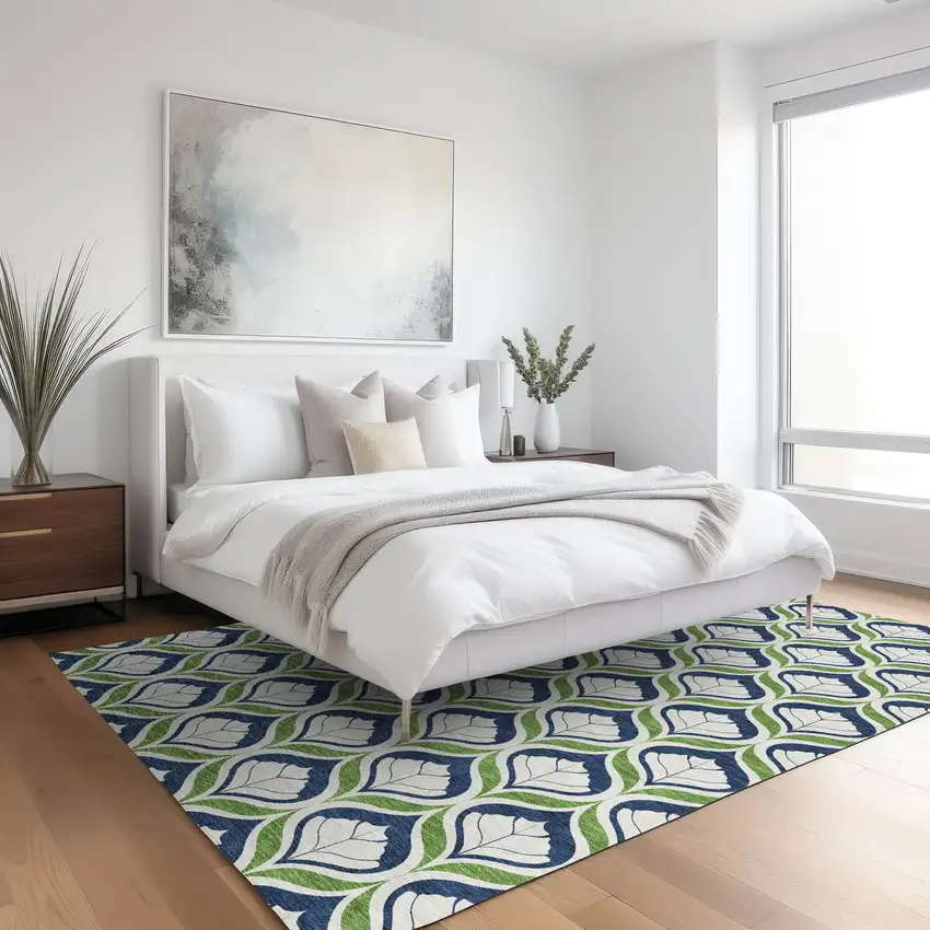 Blue Ivory And Green Geometric Washable Indoor Outdoor Area Rug Photo 6