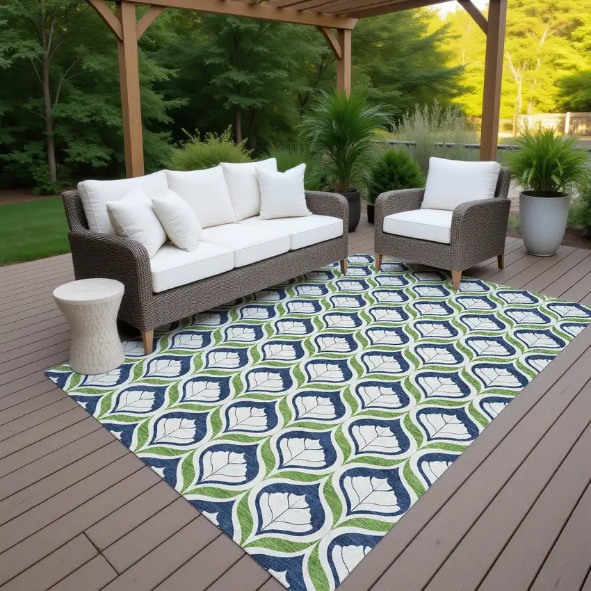Blue Ivory And Green Geometric Washable Indoor Outdoor Area Rug Photo 7