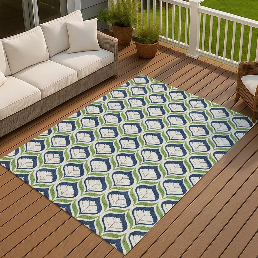 Blue Ivory And Green Geometric Washable Indoor Outdoor Area Rug Photo 4