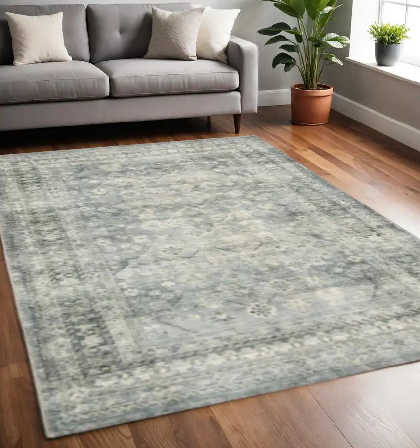Blue Ivory And Grey Oriental Power Loom Stain Resistant Area Rug Photo 1