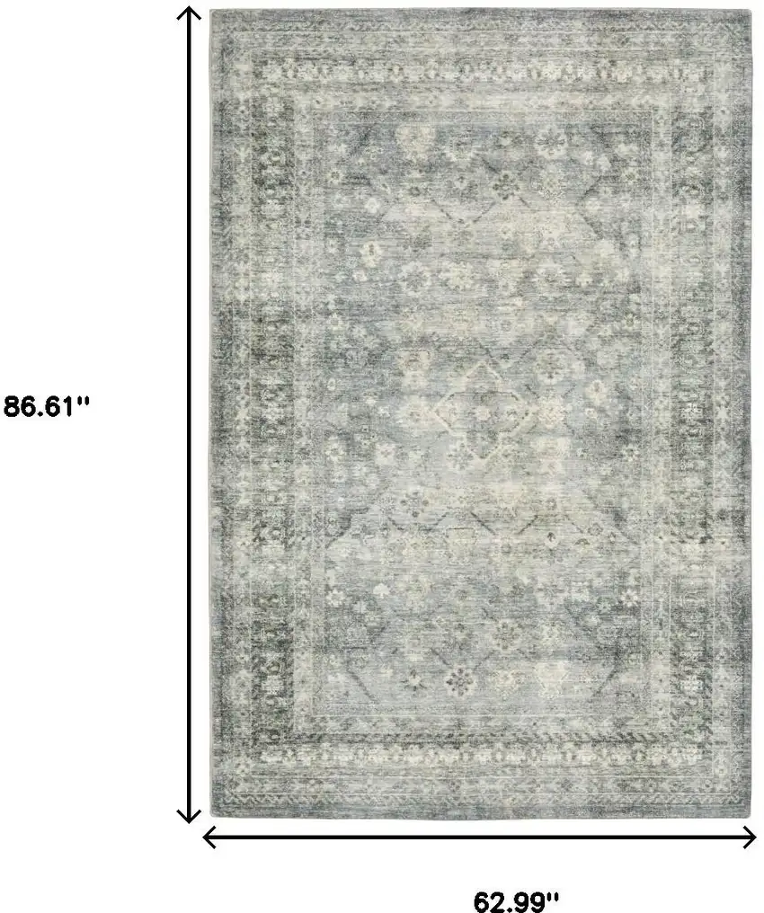 Blue Ivory And Grey Oriental Power Loom Stain Resistant Area Rug Photo 3