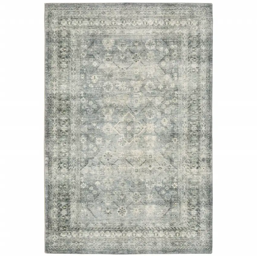 Blue Ivory And Grey Oriental Power Loom Stain Resistant Area Rug Photo 2