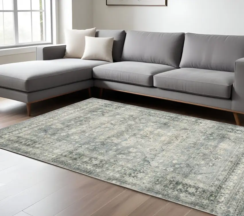Green and Ivory Oriental Power Loom Area Rug Photo 2